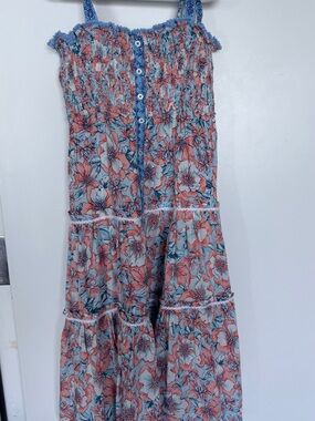 Poupette St. Barth Light Blue and Coral Smocked Floral Dress
